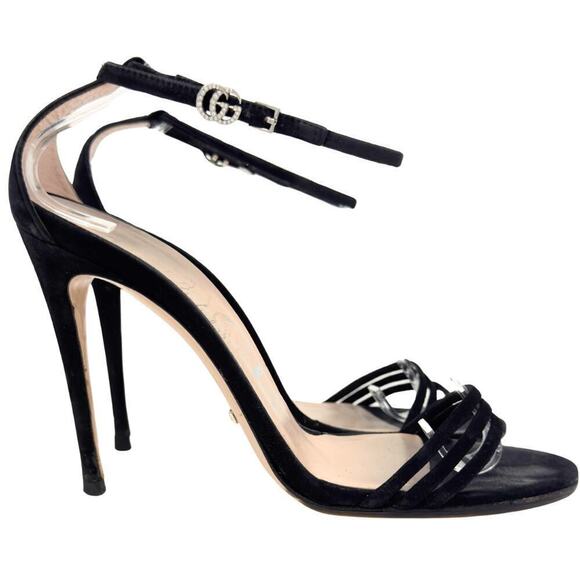 Gucci GG Logo Marmont Black Suede Heels Sandals Isle Crystal Ankle Strap EU 37.5 - Picture 5 of 11